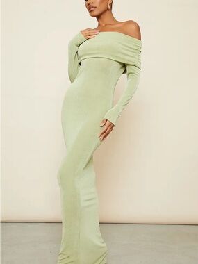 PrettyLittleThing Sage Green Off-Shoulder Long Sleeve Maxi Dress